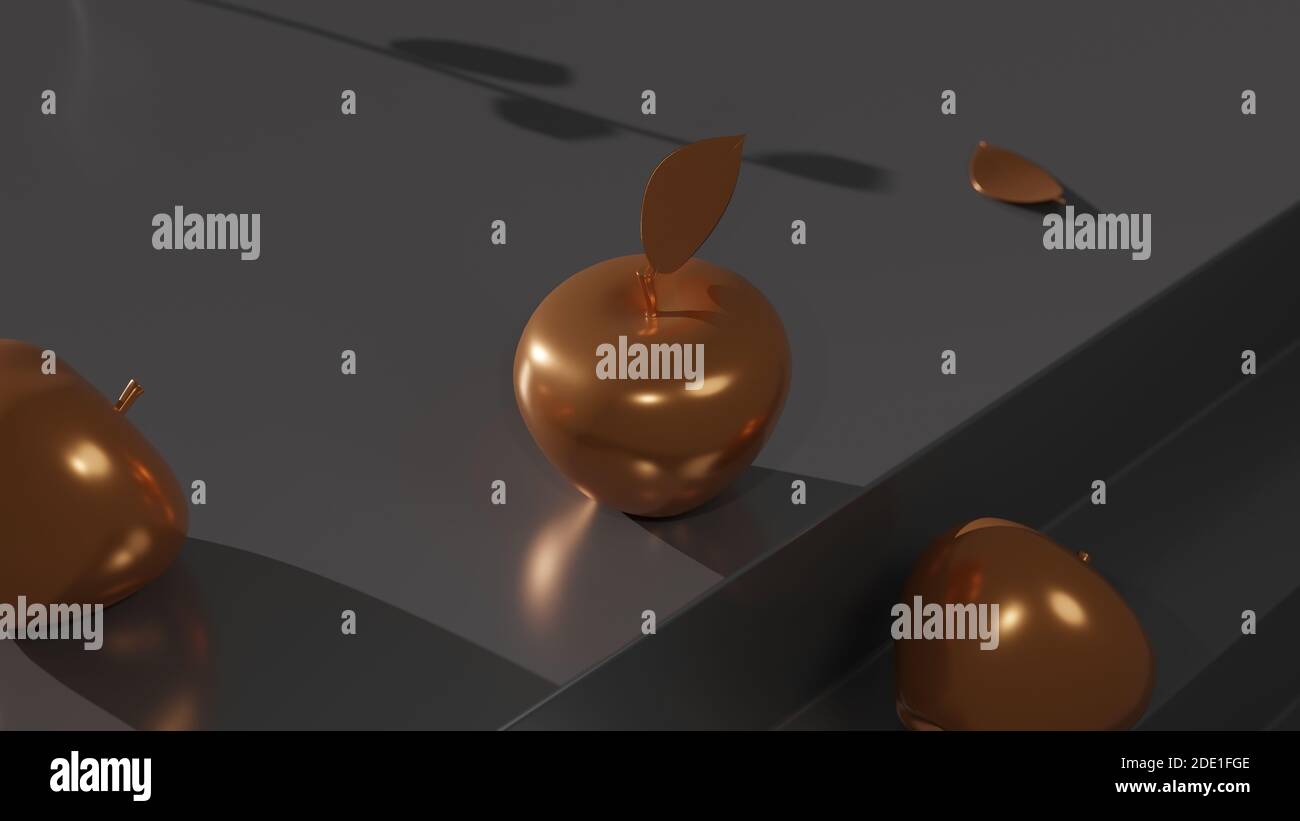 Some shiny golden Apples lying around on black surface. 3D rendered illustration. Stock Photo