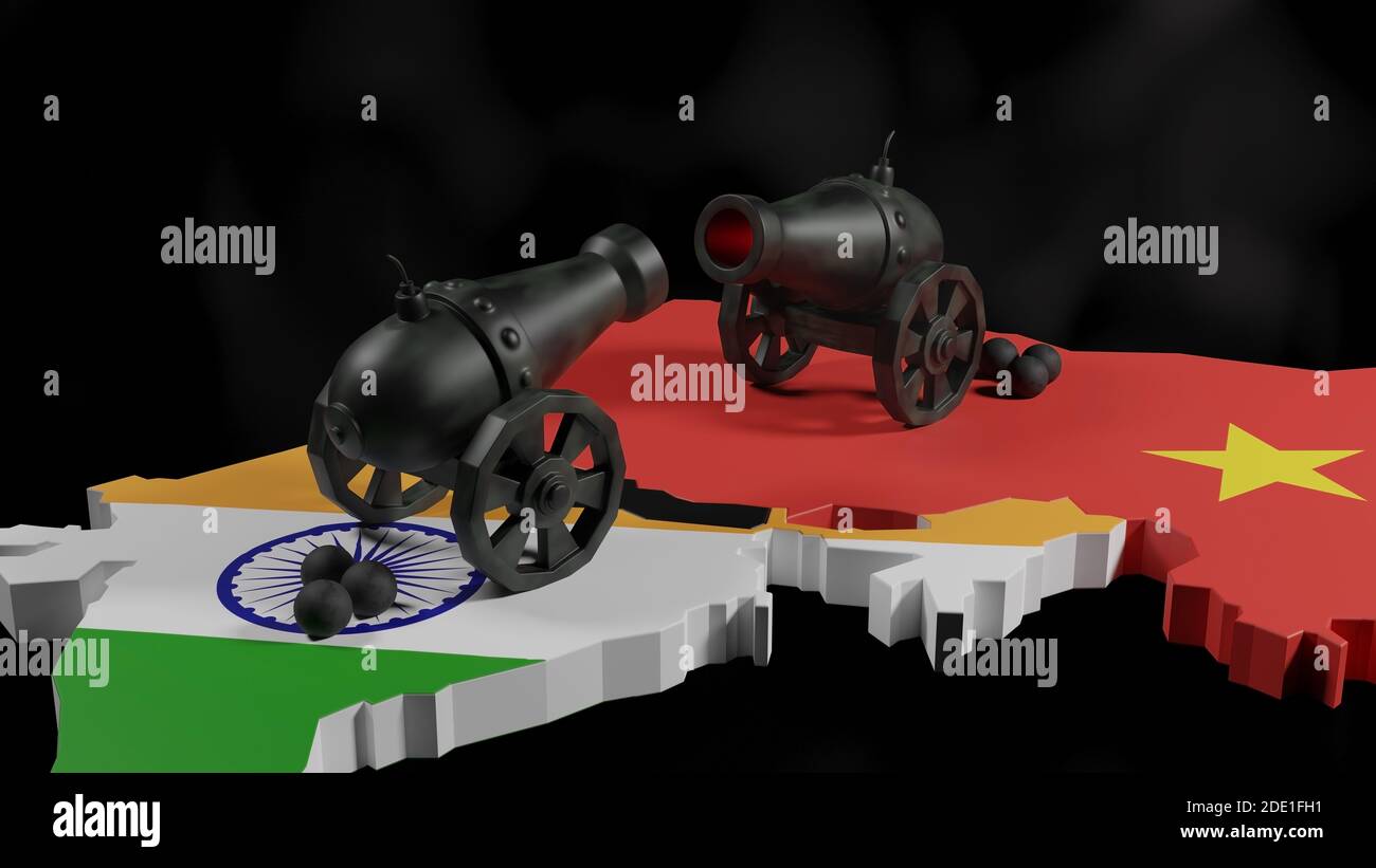 Two mounted cannons facing each other near the Indo-China border. Concept of Sino-Indian border conflict. 3D rendered illustration. Stock Photo