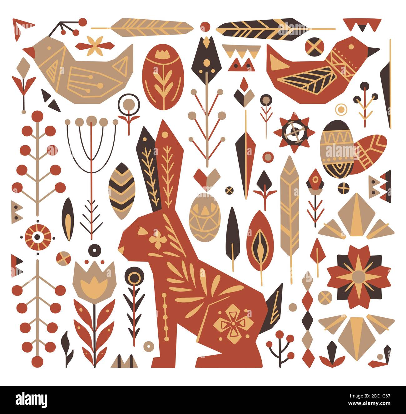 Festive Easter set with tribal ornaments. Geometric hare, egg, flower and various decorative elements separately background. Vector objects for postca Stock Vector