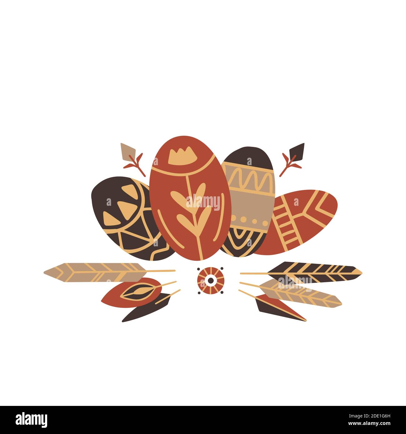 Festive square Easter card with eggs, feather, floral tribal decoration pattern on a white background. Vector boho greeting card for invitations, card Stock Vector