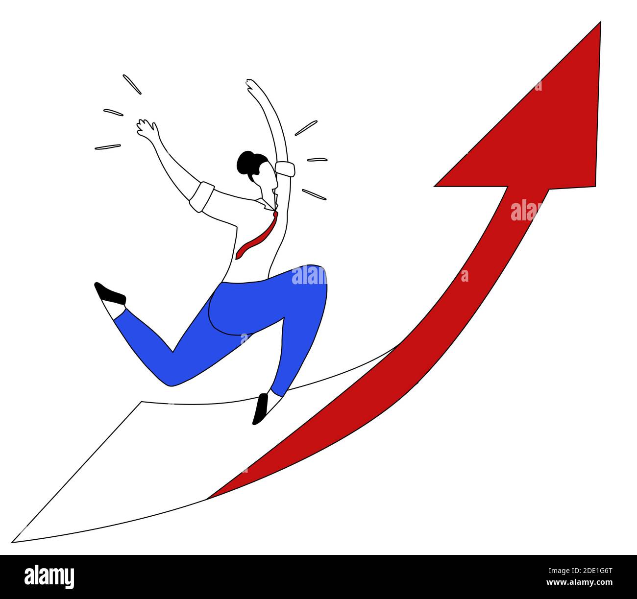 Outline illustration of a running business woman on up arrow. Effort ...