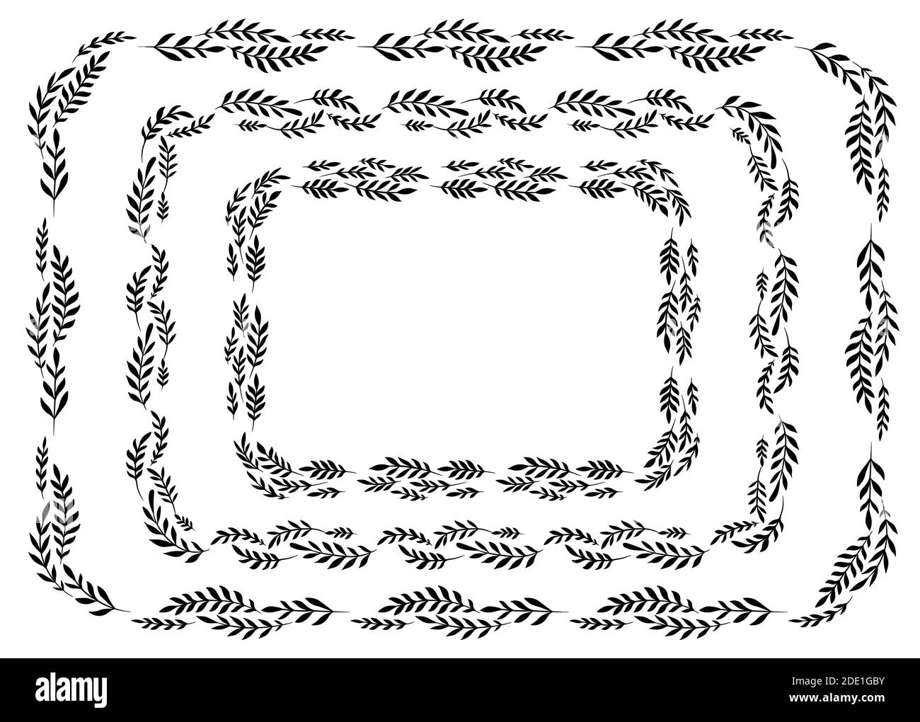 Set of black silhouettes of rectangular laurel frames made of branches and leaves. The object is separate from the background. Natural vector template Stock Vector