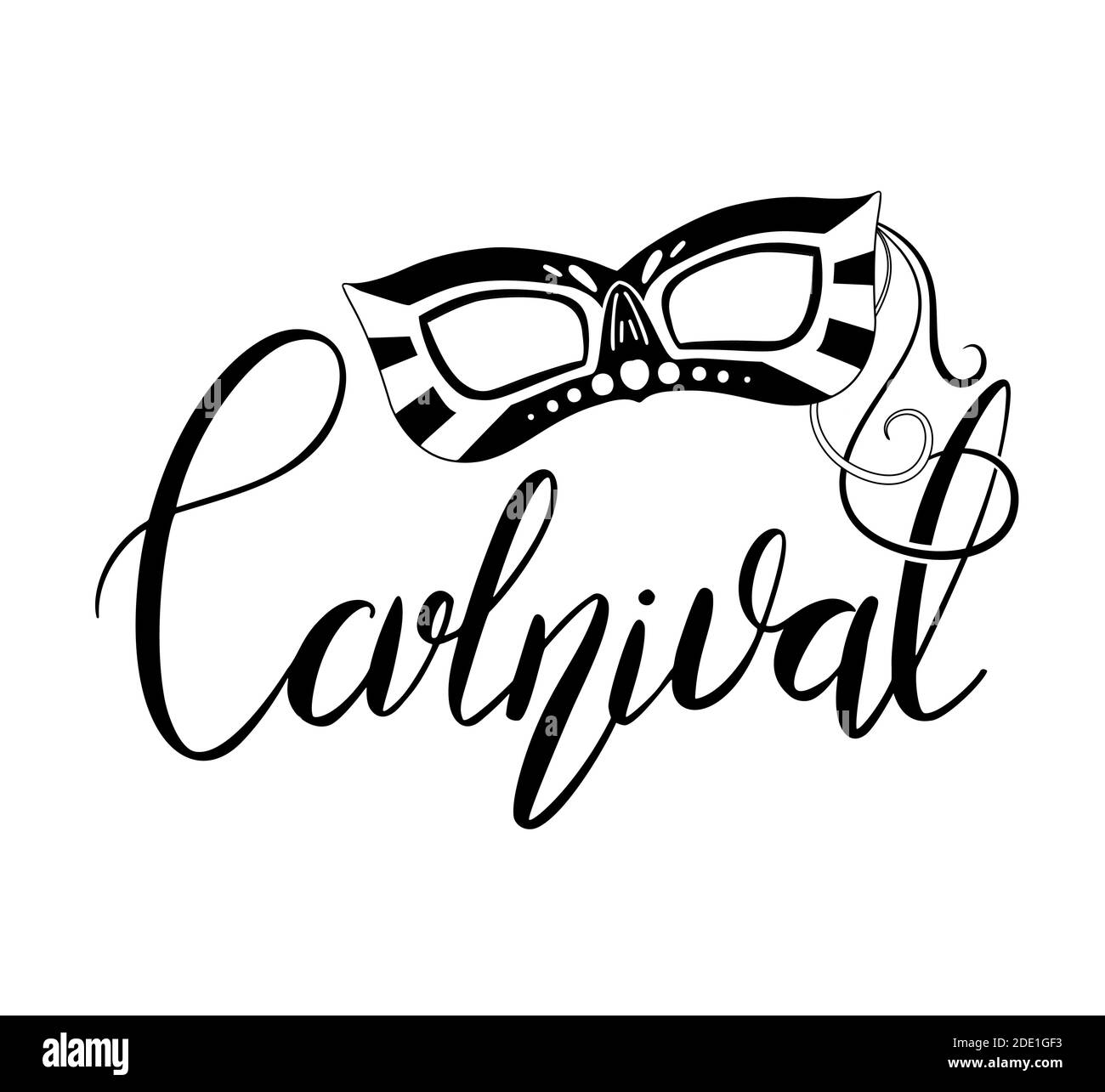 Carnival. Lettering brush with silhouette masquerade mask isolated on white background. Festive calligraphy quote. Vector element for greeting cards, Stock Vector