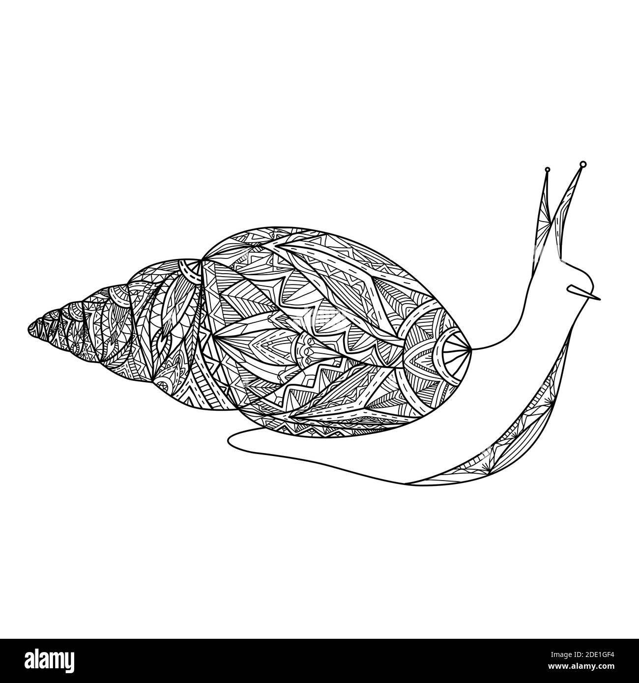 Black and white contour illustration of a snail with boho pattern ...
