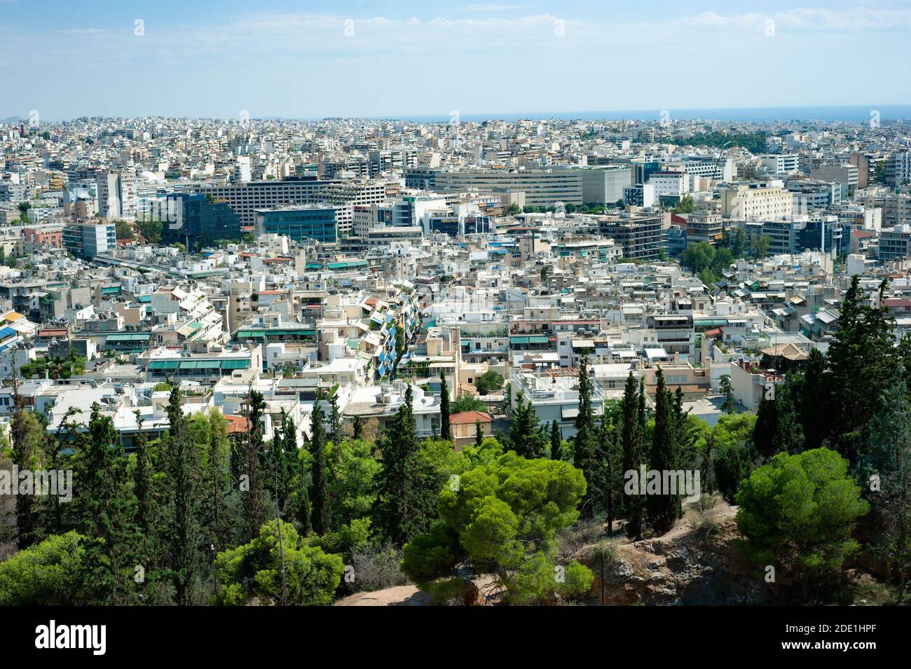 View of Athens from Philoppapos hill on a bright summer day, Athens, Greece Stock Photo