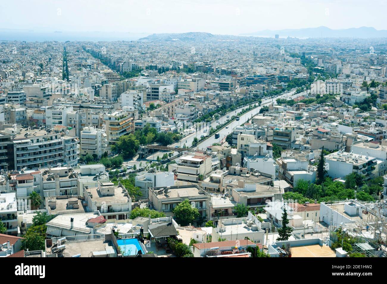 View of Athens from Philoppapos hill on a bright summer day, Athens, Greece Stock Photo