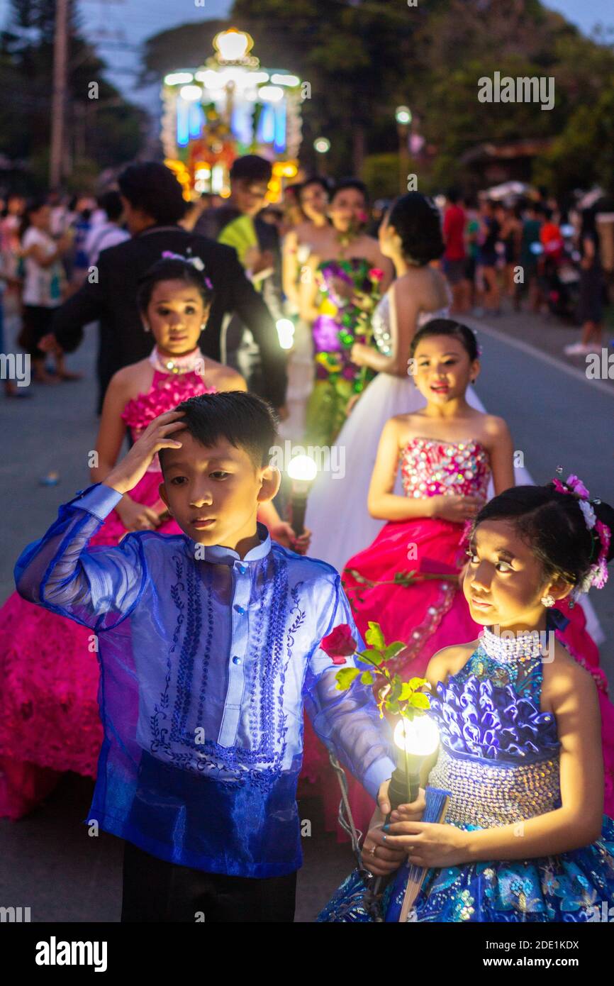Festival pageantry dressed in elaborate gowns during the May Flower Tapusan Festival in Alitagtag, Batangas, Philippines Stock Photo