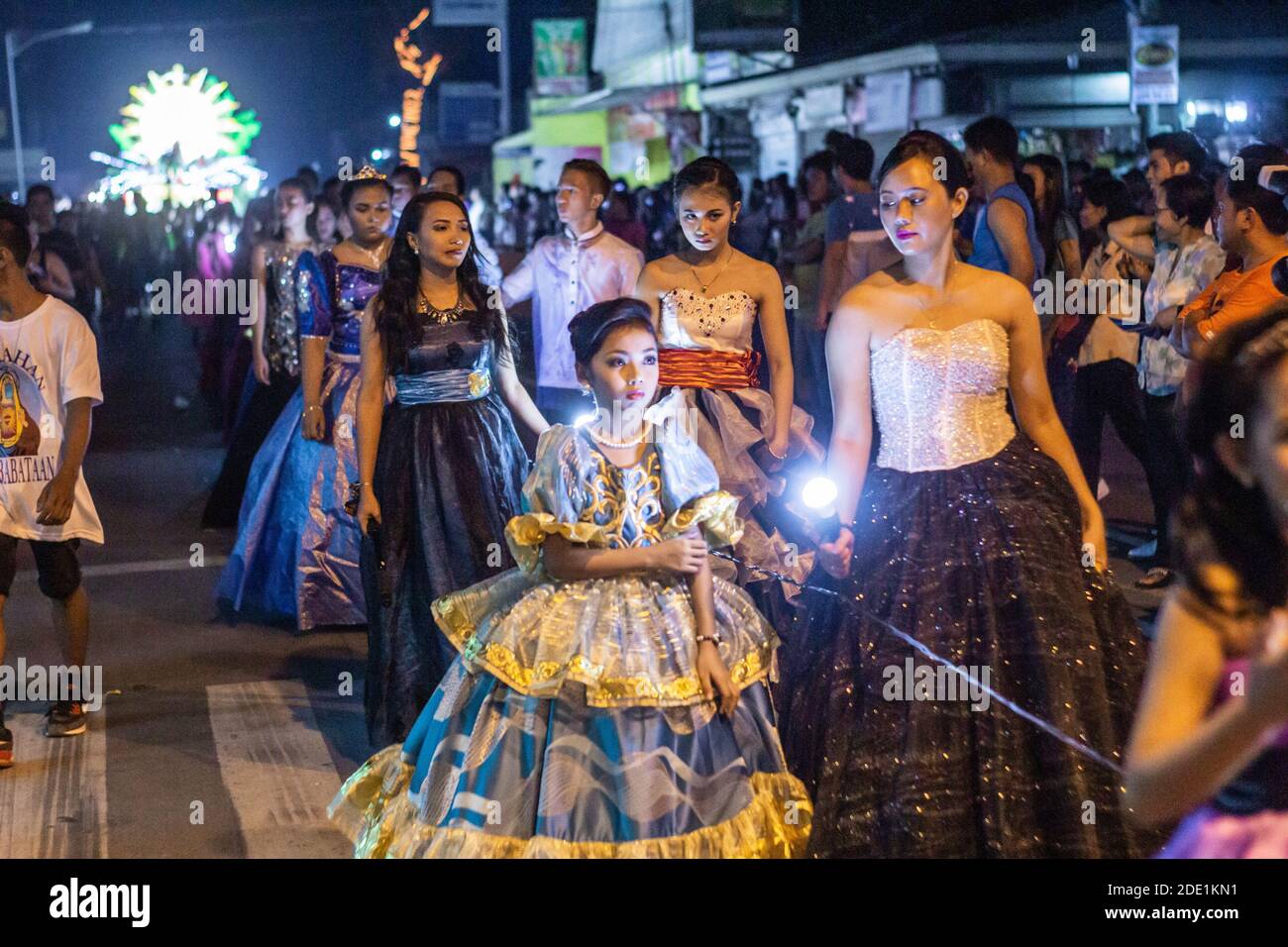 Festival pageantry dressed in elaborate gowns during the May Flower Tapusan Festival in Alitagtag, Batangas, Philippines Stock Photo
