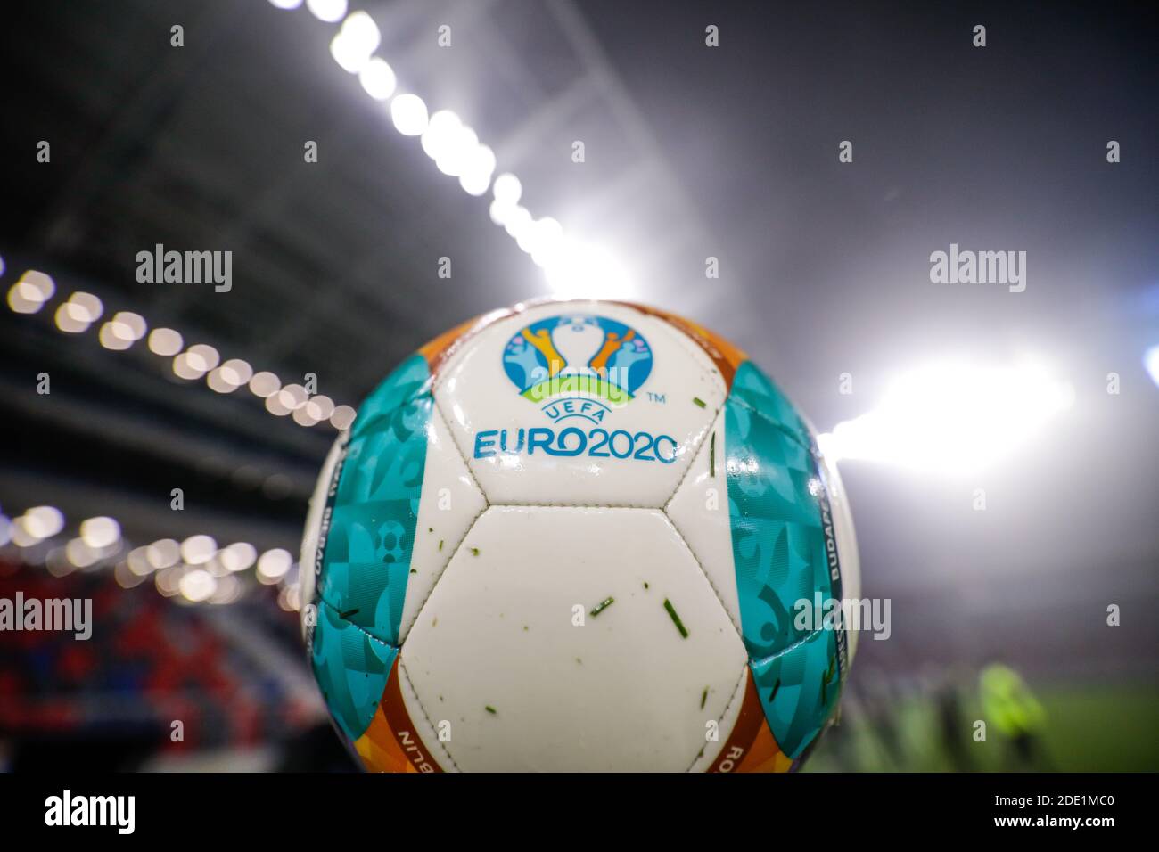 Bucharest, Romania - November 27, 2020: Details with a wet Euro 2020 official soccer match ball in a stadium. Stock Photo
