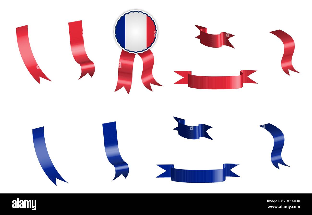label, set of red and blue ribbons with tag, in colors of France flag. Isolated vector on white background Stock Vector