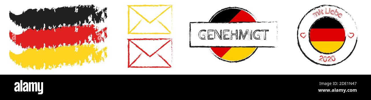 postal stamps in colors and with the symbols of flag of Germany. Delivery of greeting cards and letters. Isolated vector on white background Stock Vector