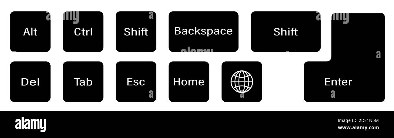 set of additional keyboard keys on a white background. Alt, Ctrl, Enter, Backspace, Esc, globe, Shift. Isolated vector Stock Vector