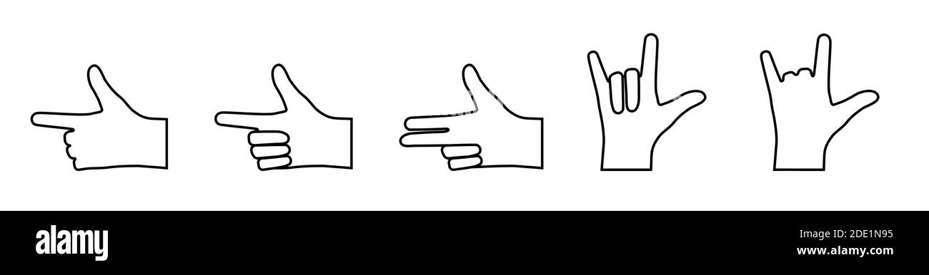 set of hand gestures with bent and pointing fingers. Icons in a linear ...
