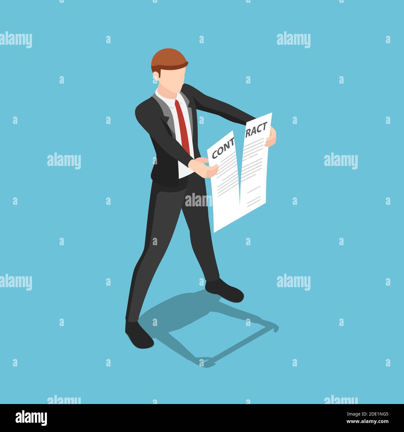 Flat 3d Isometric Businessman Tearing Apart Contract Document. Business Contract Termination Concept. Stock Vector