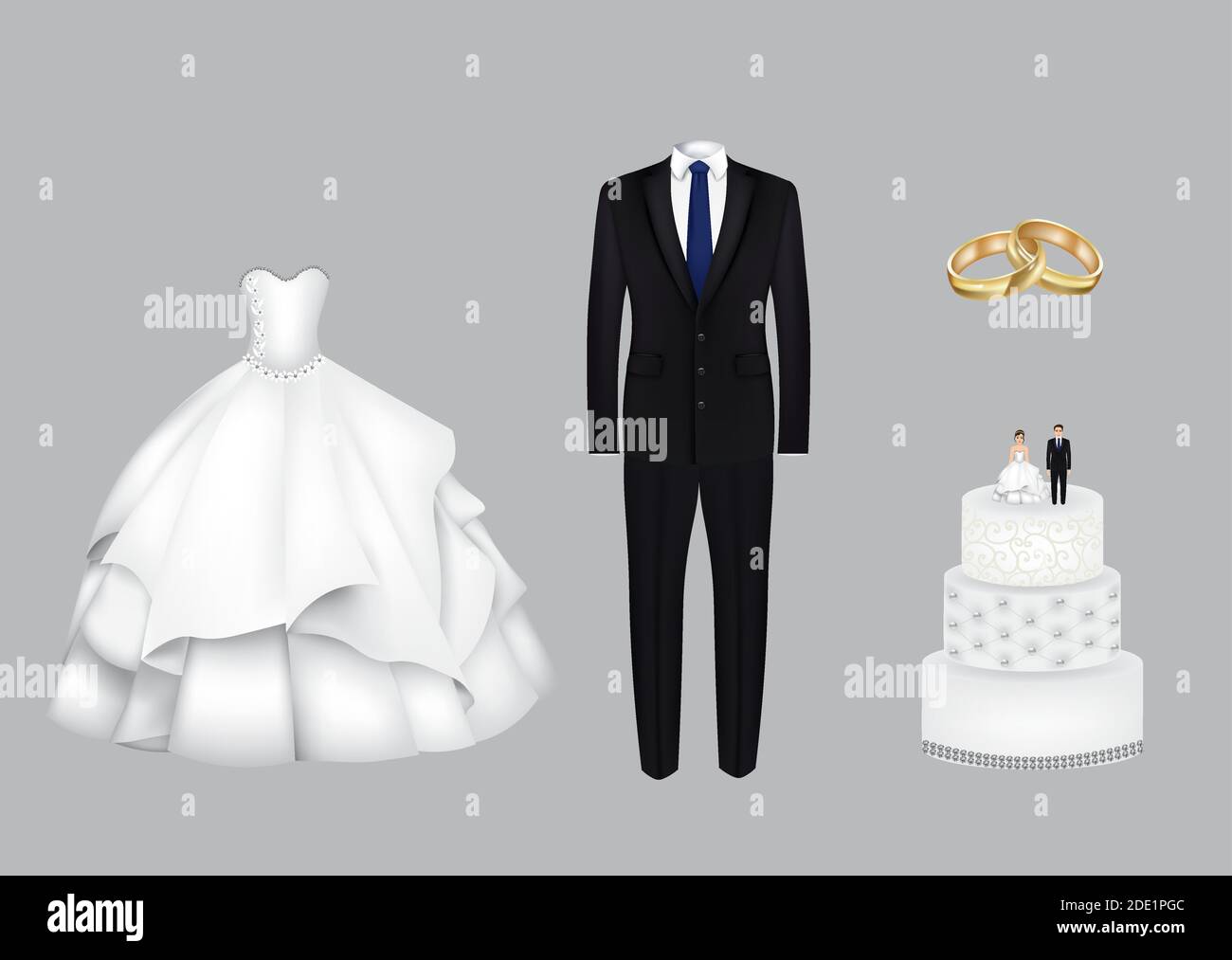 Wedding set. Dresses rings and cake. vector Stock Vector