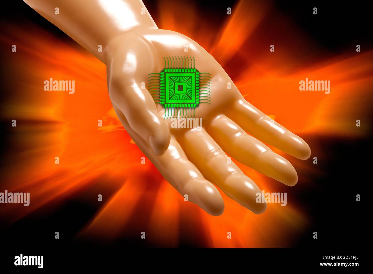 Artificial intelligence proposing an electronic chip. Stock Photo