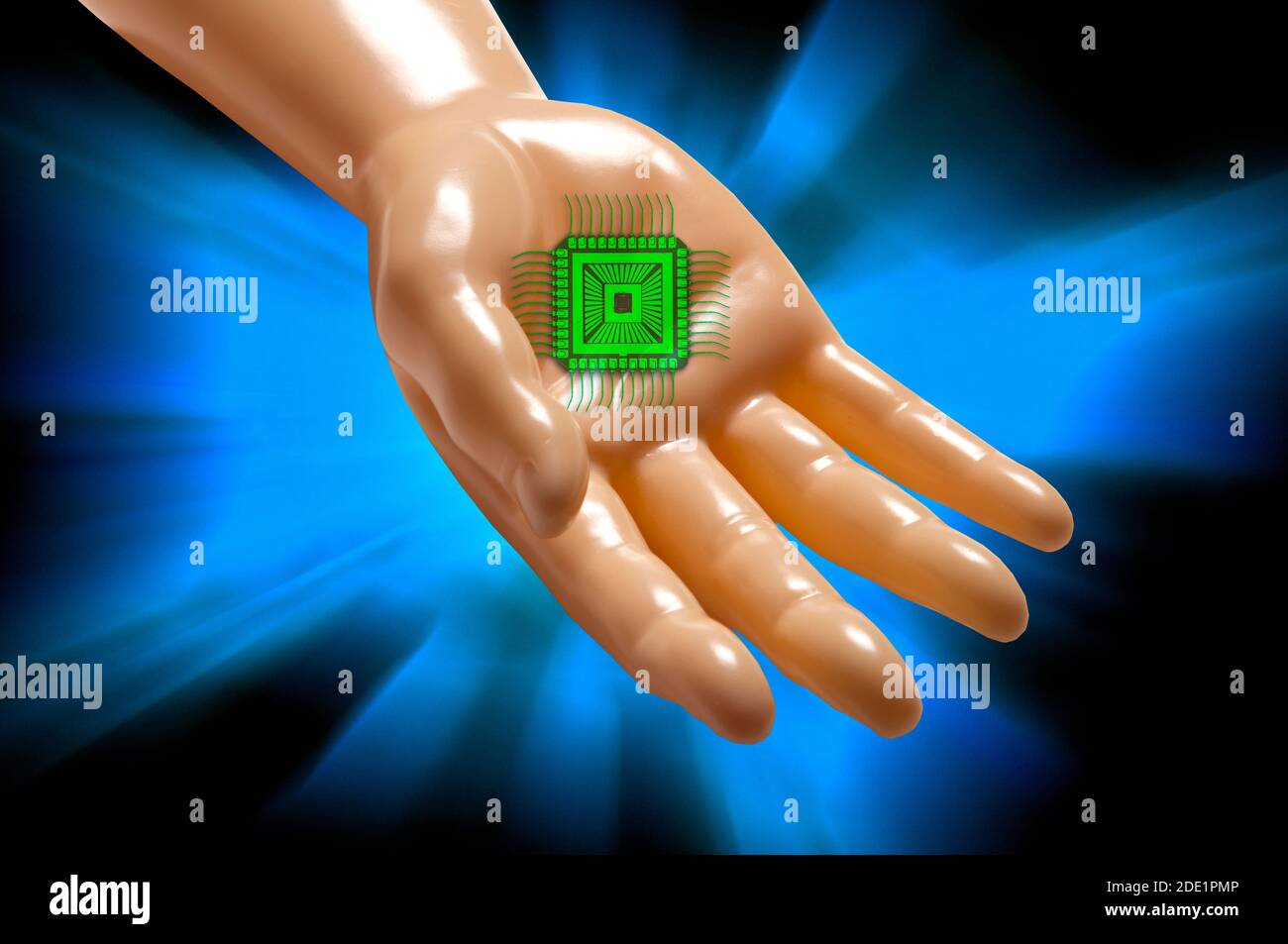 Artificial intelligence proposing an electronic chip. Stock Photo