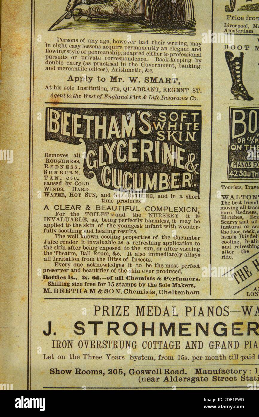 Advert for Beetham's Glycerine & Cucumber cream in the Gaiety Theatre programme (replica), 22nd October 1883. Stock Photo