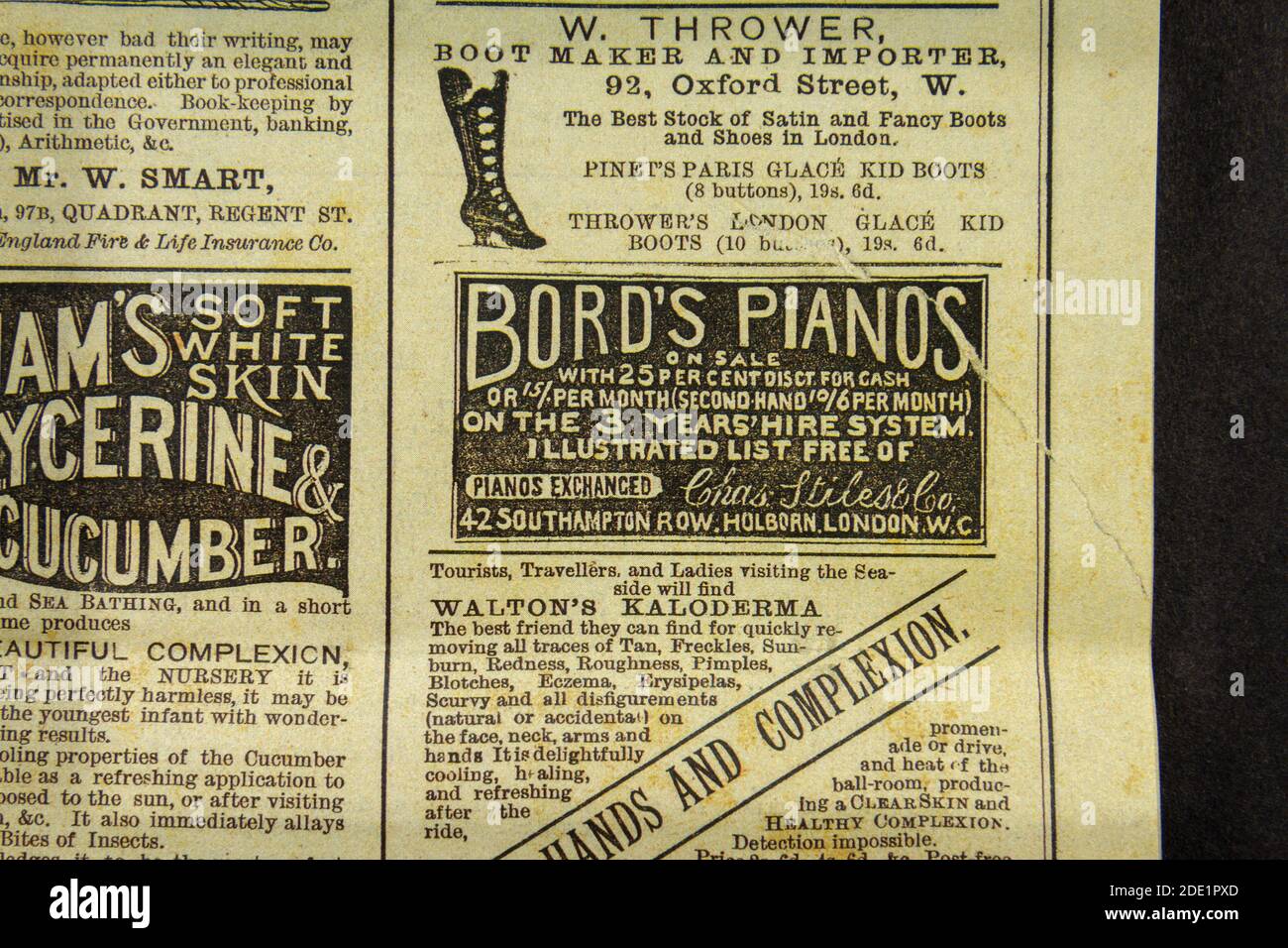 Advert for Bord's Pianos in Southampton Row, London, in the Gaiety Theatre programme (replica), 22nd October 1883. Stock Photo