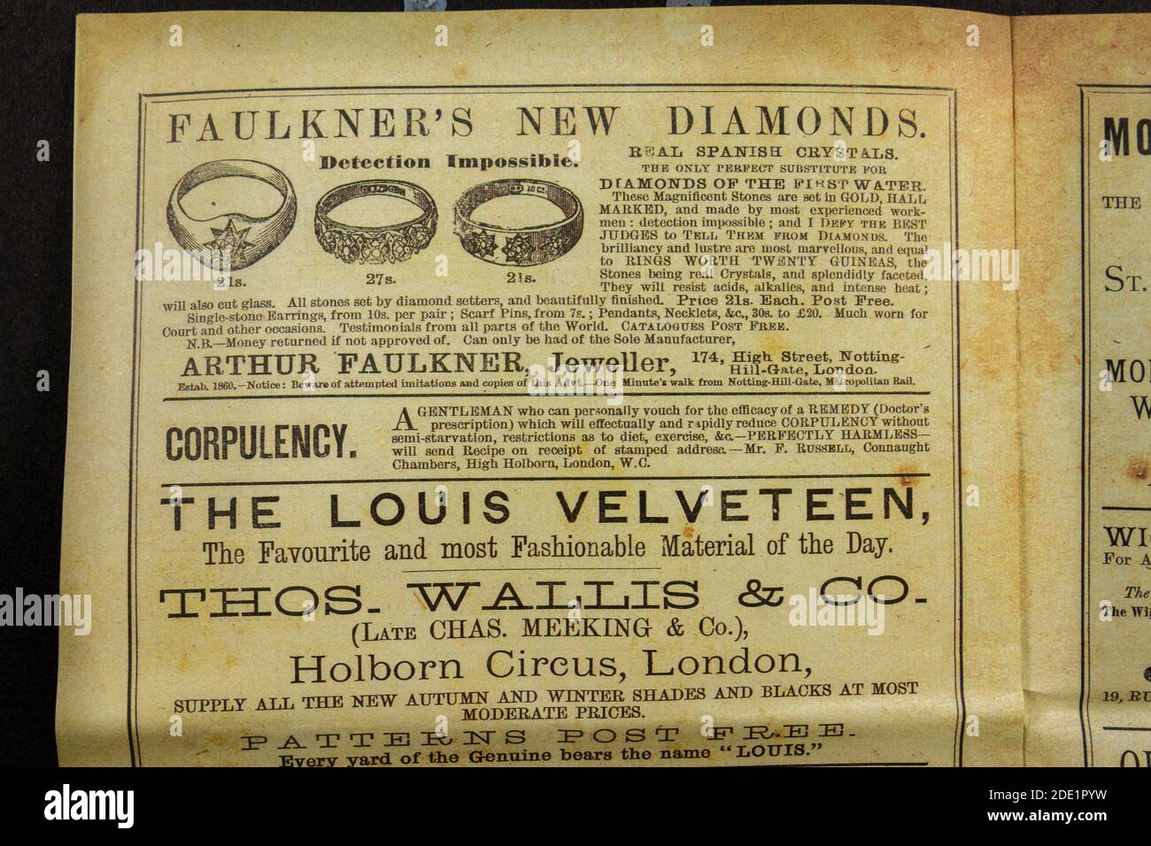 Adverts for the London jeweller Arthur Faulkner (and for Velveteen) in the Gaiety Theatre programme (replica), 22nd October 1883. Stock Photo