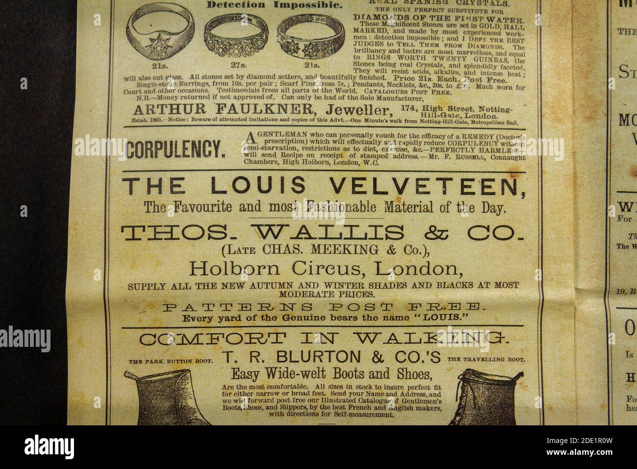 Advert Velveteen (The Louis Velveteen) material in the Gaiety Theatre programme (replica), 22nd October 1883. Stock Photo