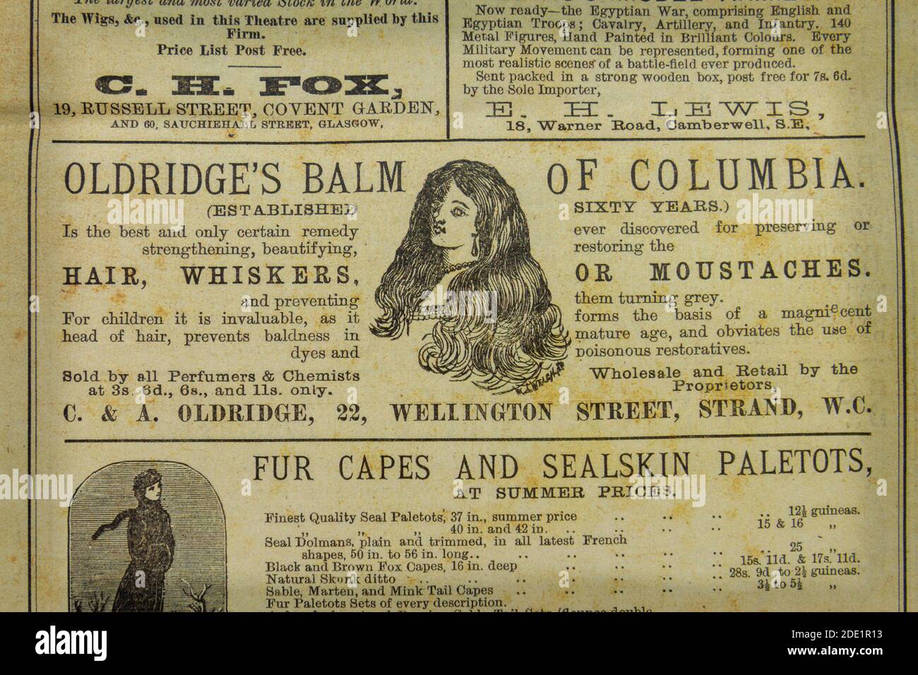 Advert for Oldridge's Balm of Columbia in the Gaiety Theatre programme (replica), 22nd October 1883. Stock Photo