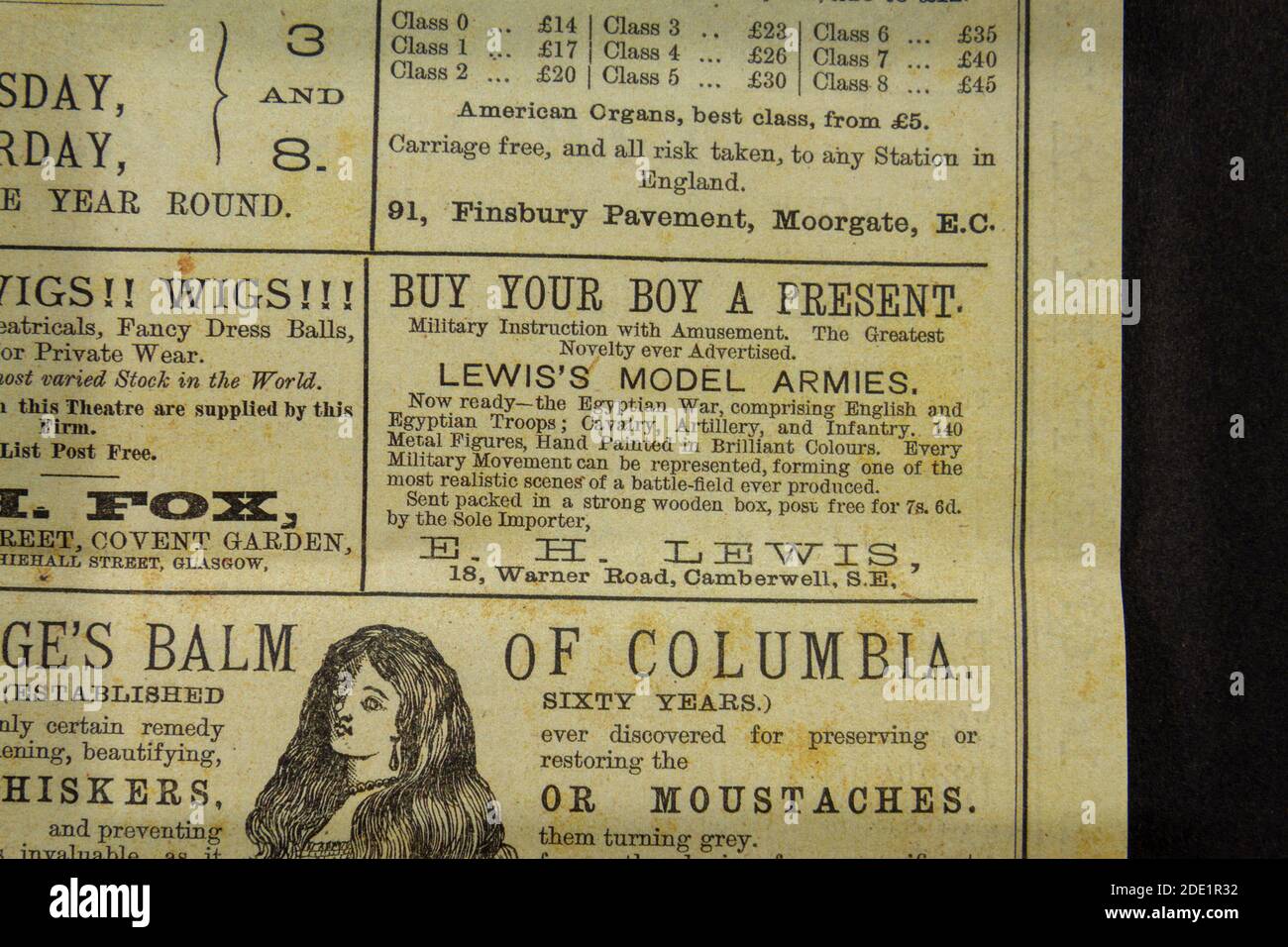 Advert for the EH Lewis model toy store in Camberwell, London, in the Gaiety Theatre programme (replica), 22nd October 1883. Stock Photo