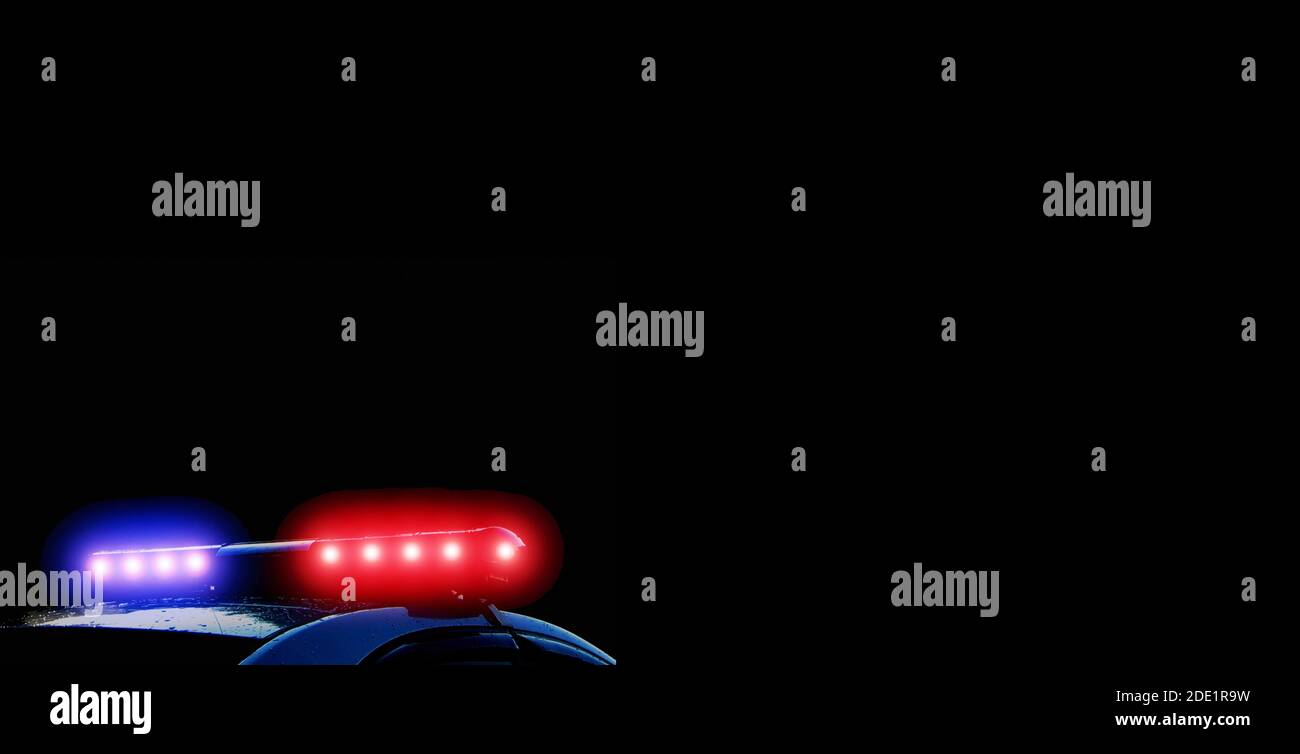 Strobelight bar, red and blue lights of police car. Scene of an