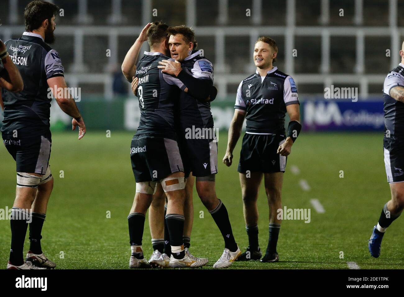 NEWCASTLE UPON TYNE, ENGLAND NOVEMBER 27TH    Toby Flood of Newcastle Falcons celebrates his try winning score with Gary Graham of Newcastle Falcons after the Gallagher Premiership match between Newcastle Falcons and Sale Sharks at Kingston Park, Newcastle on Friday 27th November 2020. (Credit: Chris Lishman | MI News) Stock Photo