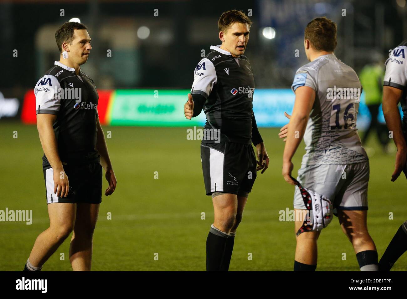 NEWCASTLE UPON TYNE, ENGLAND NOVEMBER 27TH    Toby Flood of Newcastle Falcons in congratulated by Curtis Langdon of Sale Sharks following the Gallagher Premiership match between Newcastle Falcons and Sale Sharks at Kingston Park, Newcastle on Friday 27th November 2020. (Credit: Chris Lishman | MI News) Stock Photo