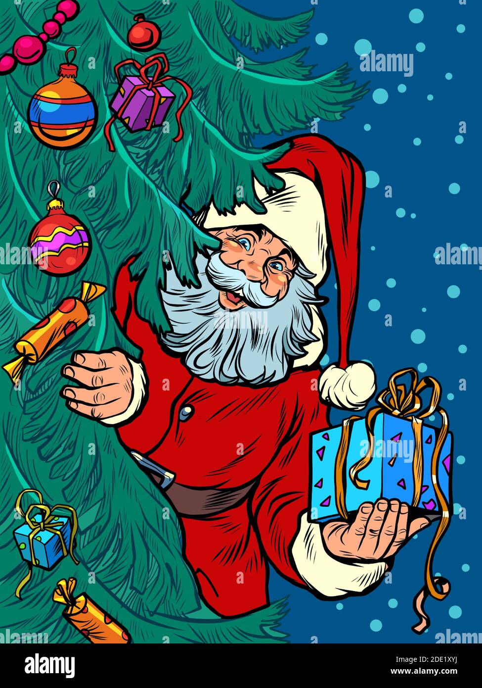 Santa Claus looks out from behind the tree. Christmas background Stock Vector