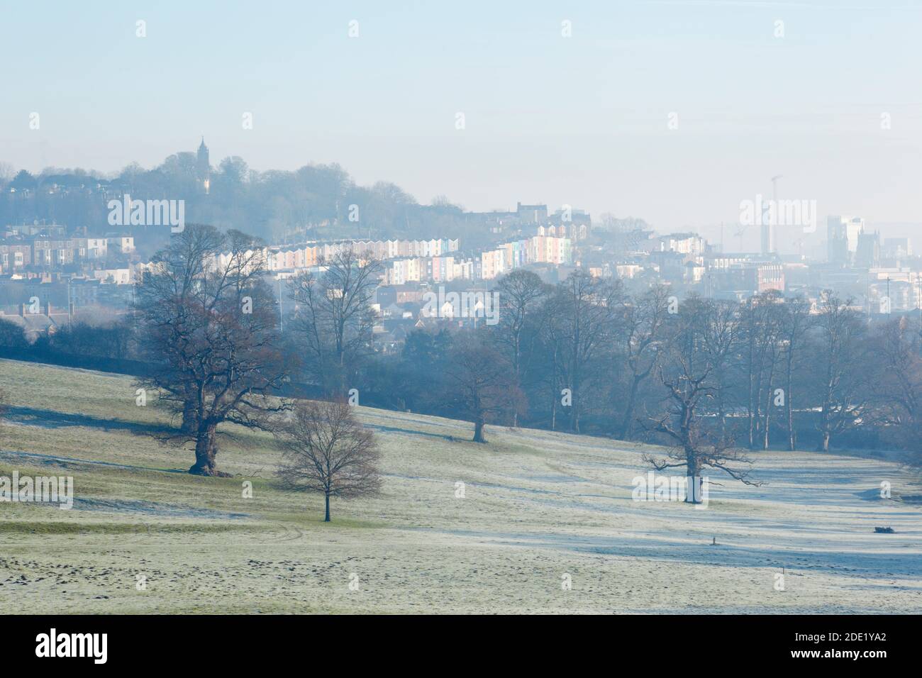 View towards Clifton Down from Ashton Court on a frosty winter morning. Bristol. UK. Stock Photo