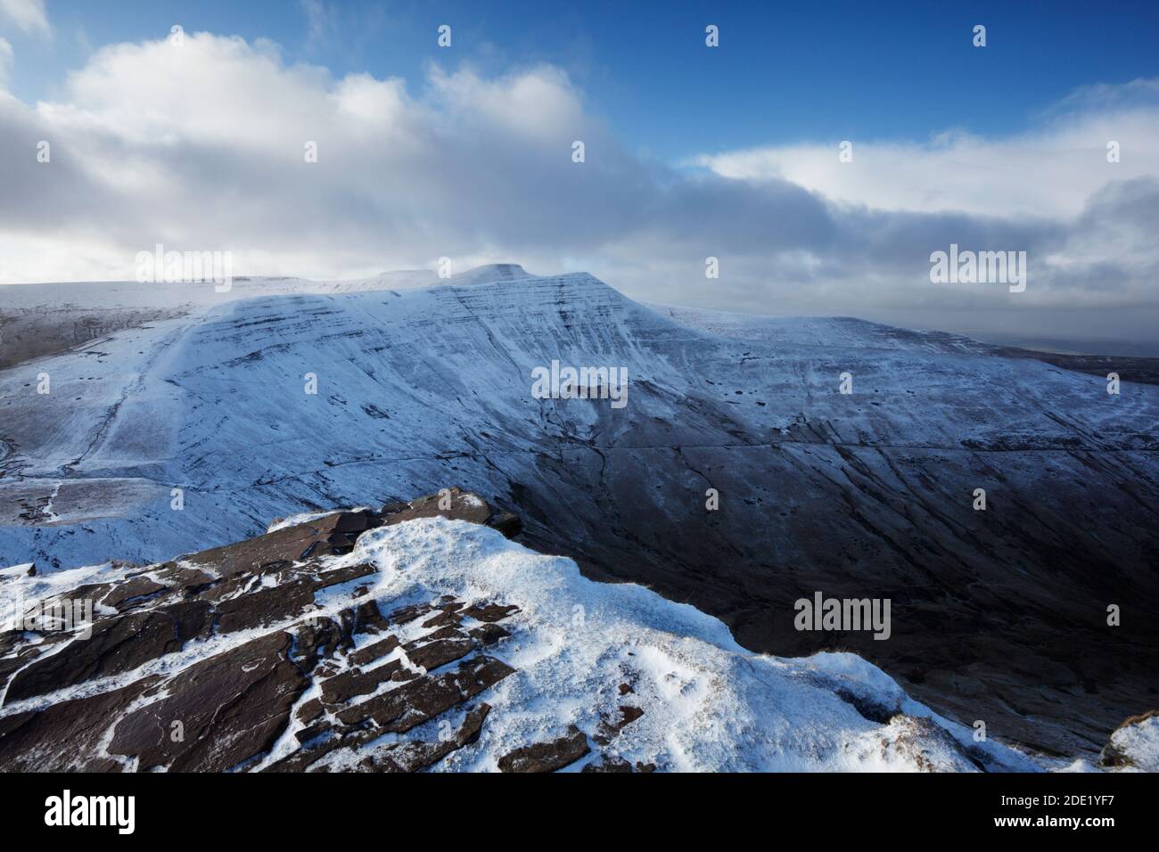 View from the summit of Fan y Big with Cribyn and Pen y Fan in the distance. Brecon Beacons National Park. Wales. UK. Stock Photo