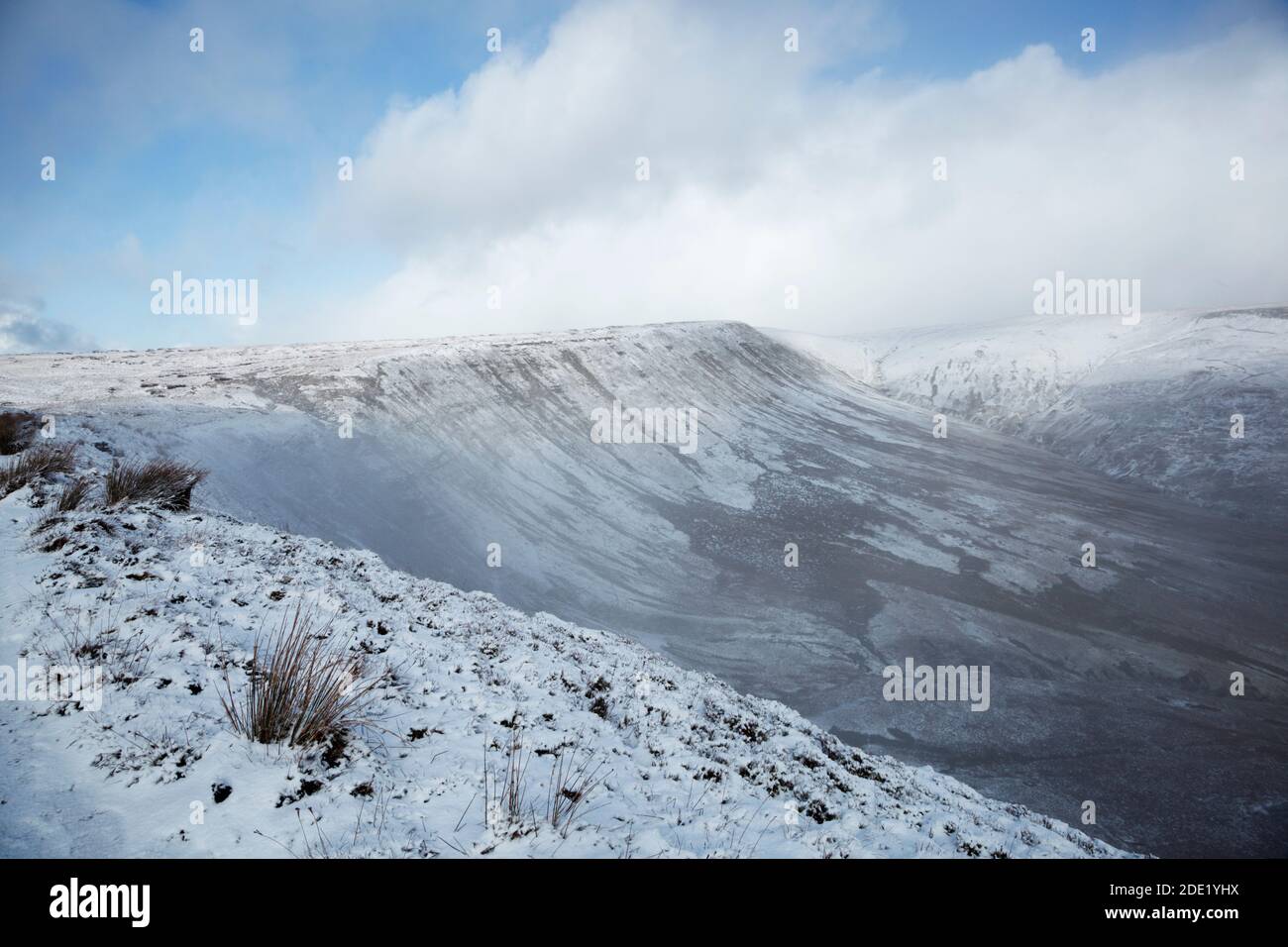 View up the Cerrig Edmwnt valley in clearing snow shower. Brecon Beacons National Park. Wales. UK. Stock Photo