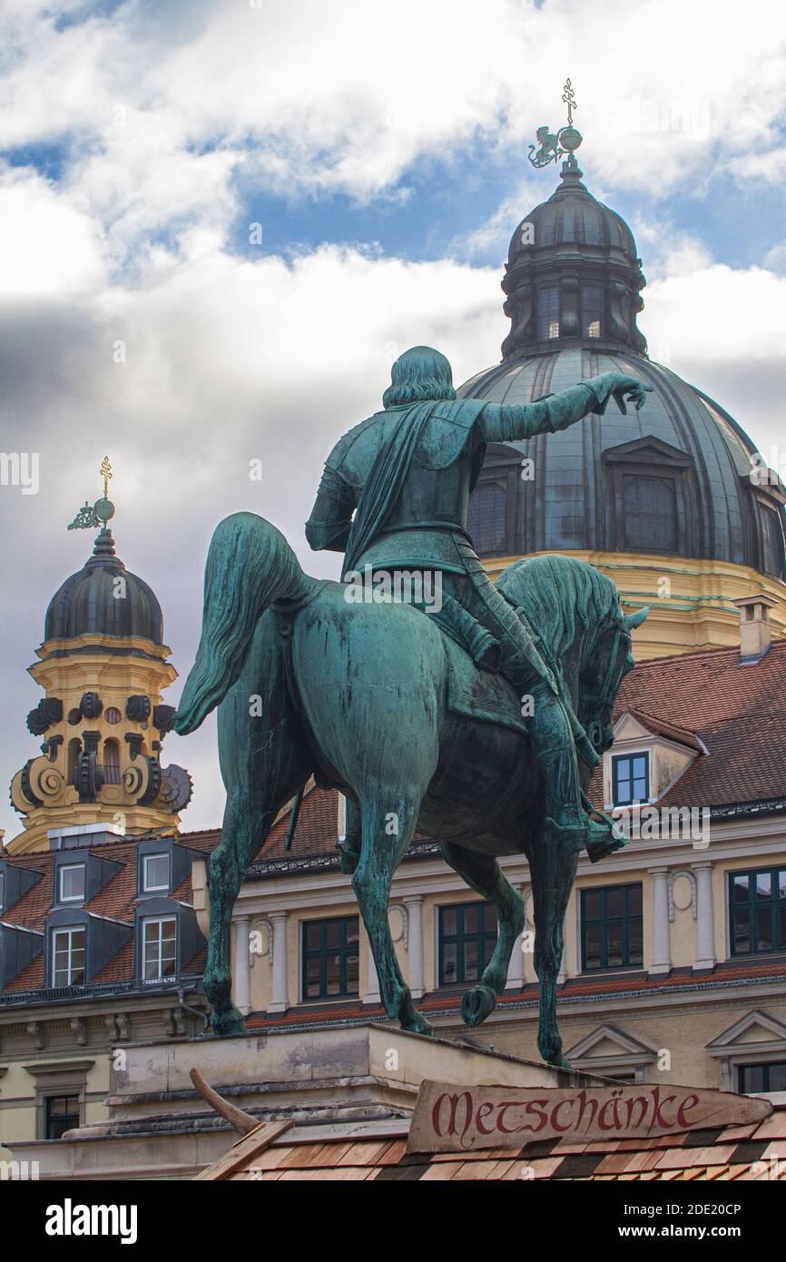 Rear view of the equestrian statue of Elector Maximilian I, by Bertel Thorvaldsen, situated in Wittelsbacherpl, Munich, Germany, with copy space Stock Photo