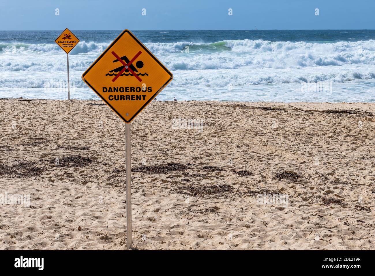 Sydney, Australia - Warning signs of strong currants on Sydneys Bronte beach. The beach is on the Coogee to Bondi coastal walk. Stock Photo
