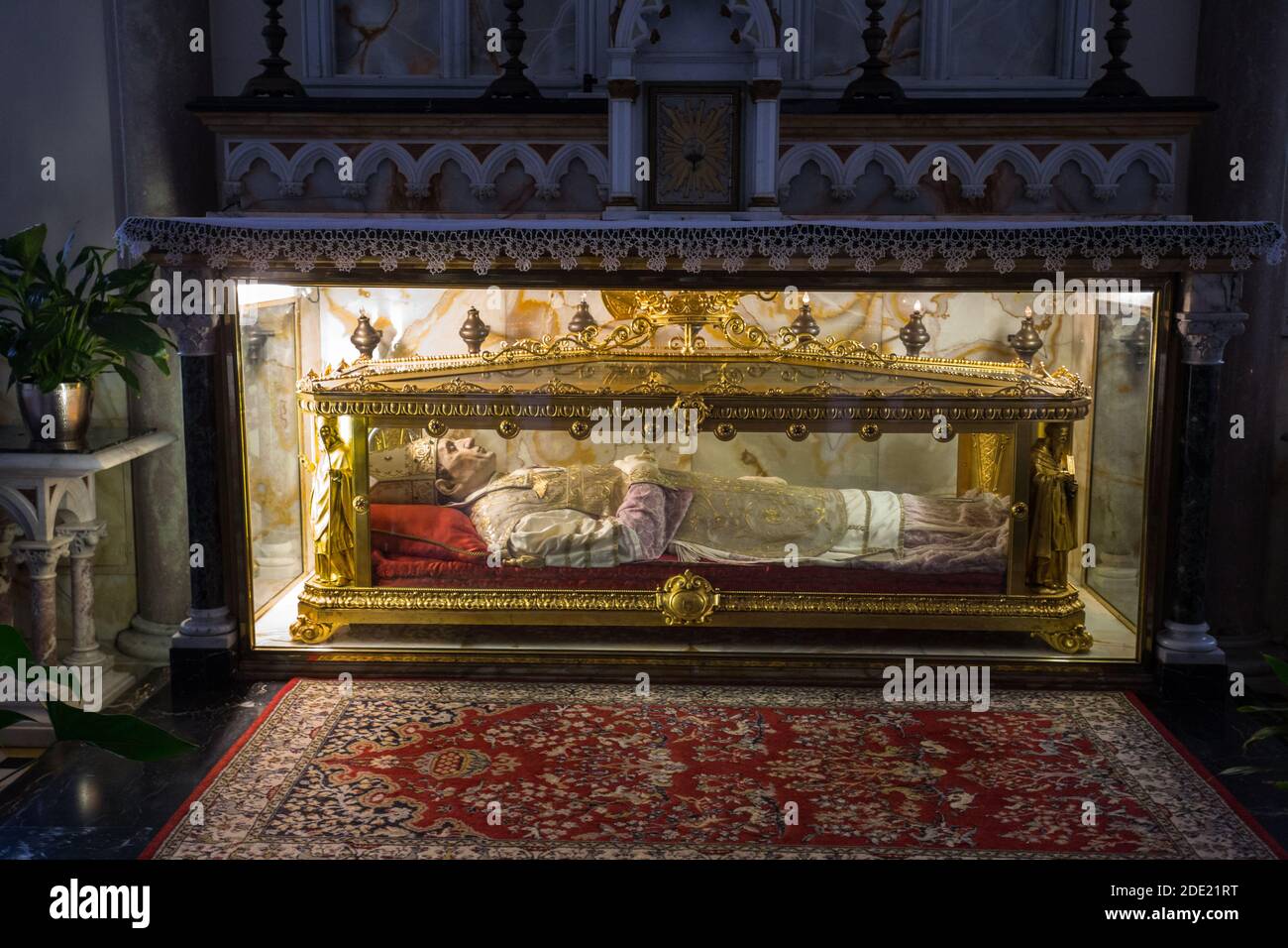 BOBBIO, ITALY, AUGUST 20, 2020 - The tomb of Sant'Antonio Maria Gianelli in the the cathedral of Bobbio, Santa Maria Assunta, Piacenza province, Italy Stock Photo