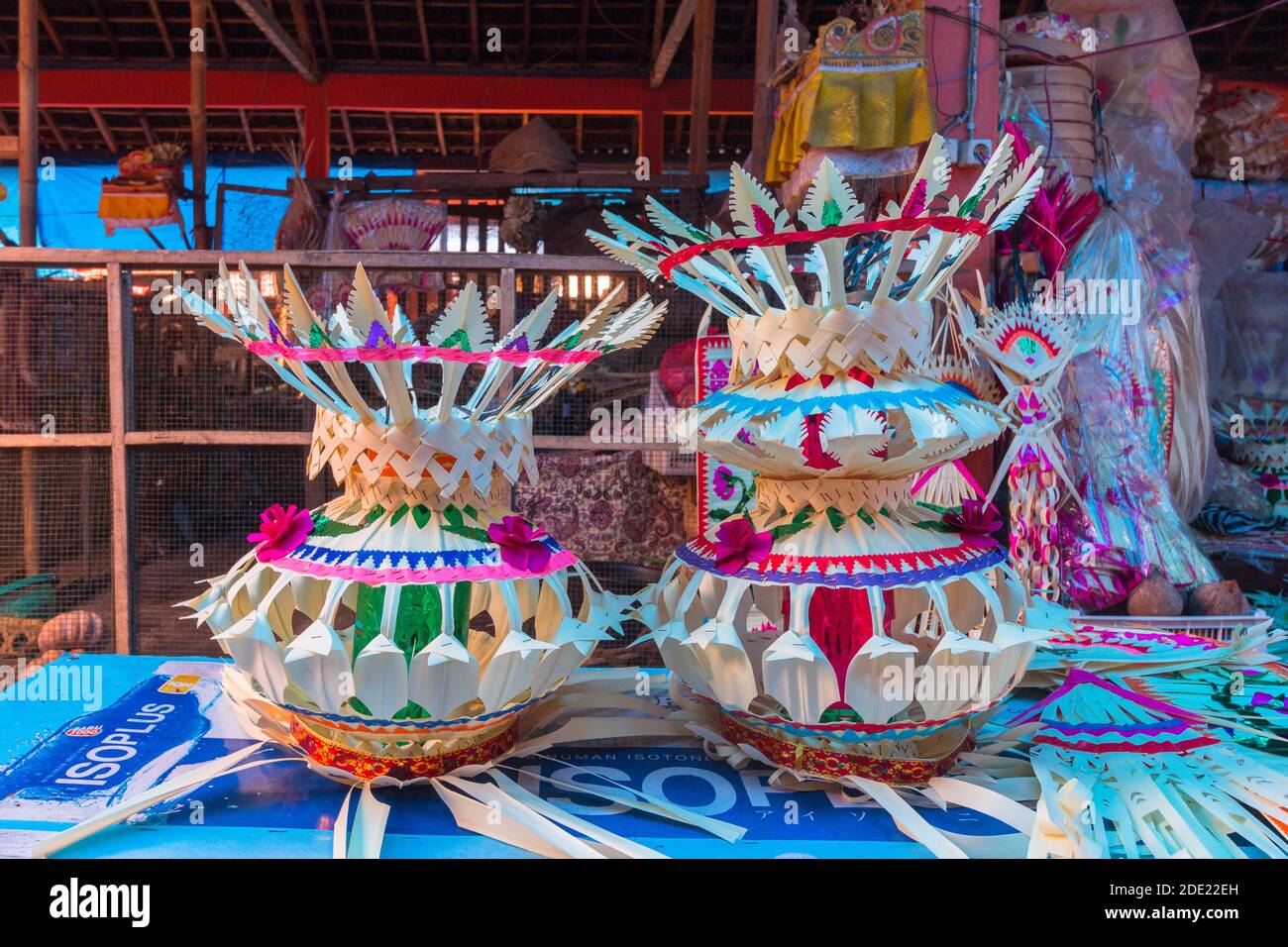 Balinese religious offerings at a market in Bali, Indonesia Stock Photo