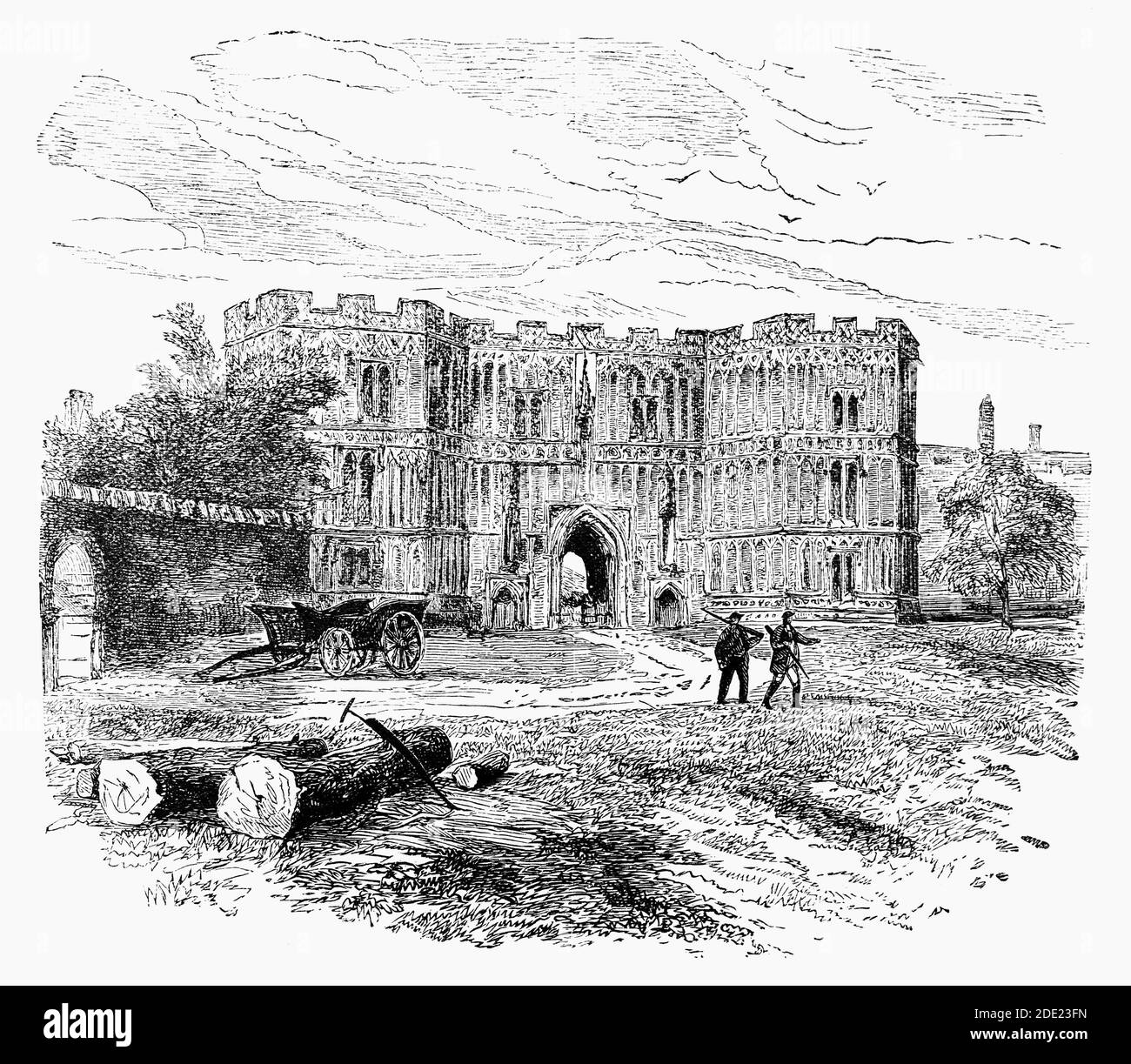 A 19th Century view of the gatehouse of St Osyth's Abbey (aka St Osyth's Priory), dating from the late 15th century, a fine example of decorative flint work, it is the most significant remnant of the original monastic structures still standing. A house of Augustinian canons in Essex, England it was founded by Richard de Belmeis, Bishop of London, c. 1121. The first prior of St Osyth's was William de Corbeil, who was elected archbishop of Canterbury in 1123 and who crowned King Stephen in 1135. Stock Photo