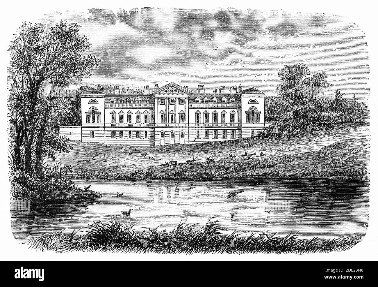 A 19th Century sketch of Woburn Abbey, a country house near the village of Woburn, Bedfordshire, England. Originally a Cistercian abbey built in 1145. It was taken from its monastic residents by Henry VIII and given to John Russell, 1st Earl of Bedford, in 1547, it became the seat of the Russell family and the Dukes of Bedford, who demolished the original abbey building and built their house on the monastic site, although the name Abbey was retained. Stock Photo