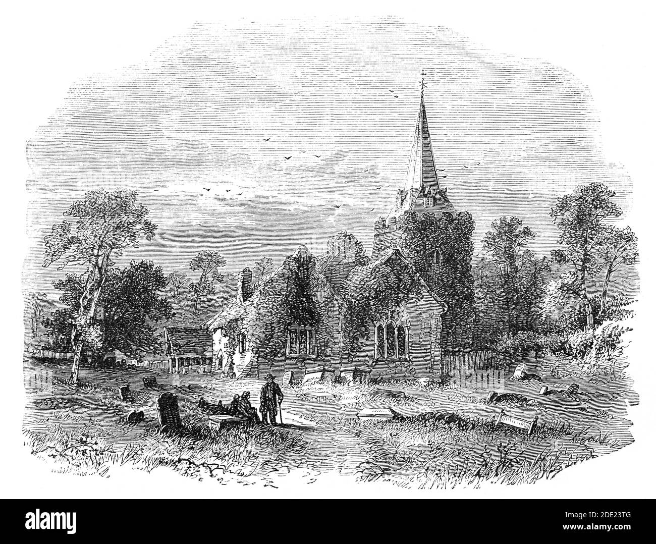 A 19th Century sketch of Stoke Poges Church aka Parish Church of Saint Giles, in the village of the same name in Buckinghamshire, England. The poem, 'Elegy Written in a Country Churchyard' by Thomas Gray (1716-1771), an English poet, letter-writer, classical scholar, and professor is believed to have been written in the churchyard. The poem was partly inspired by Gray's thoughts following the death of the poet Richard West in 1742 and published in 1751. Stock Photo