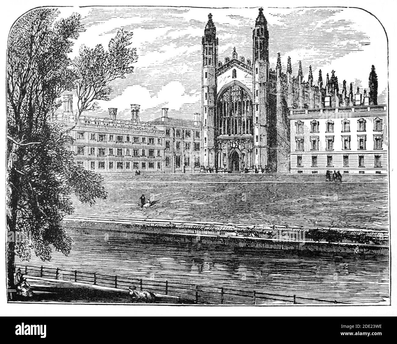 A 19th Century view across the River Cam of King's College, Cambridge, England. It was founded in 1441 by Henry VI, however, the King's plans for the college were disrupted by the Wars of the Roses, a scarcity of funds, as well as his eventual deposition. In 1508 Henry VII began to take an interest and the building of the college's chapel, begun in 1446, was finally finished in 1544 during the reign of Henry VIII. The Chapel is regarded as one of the greatest examples of late Gothic English architecture, with the world's largest fan vault, and stained-glass windows and a wooden chancel screen Stock Photo