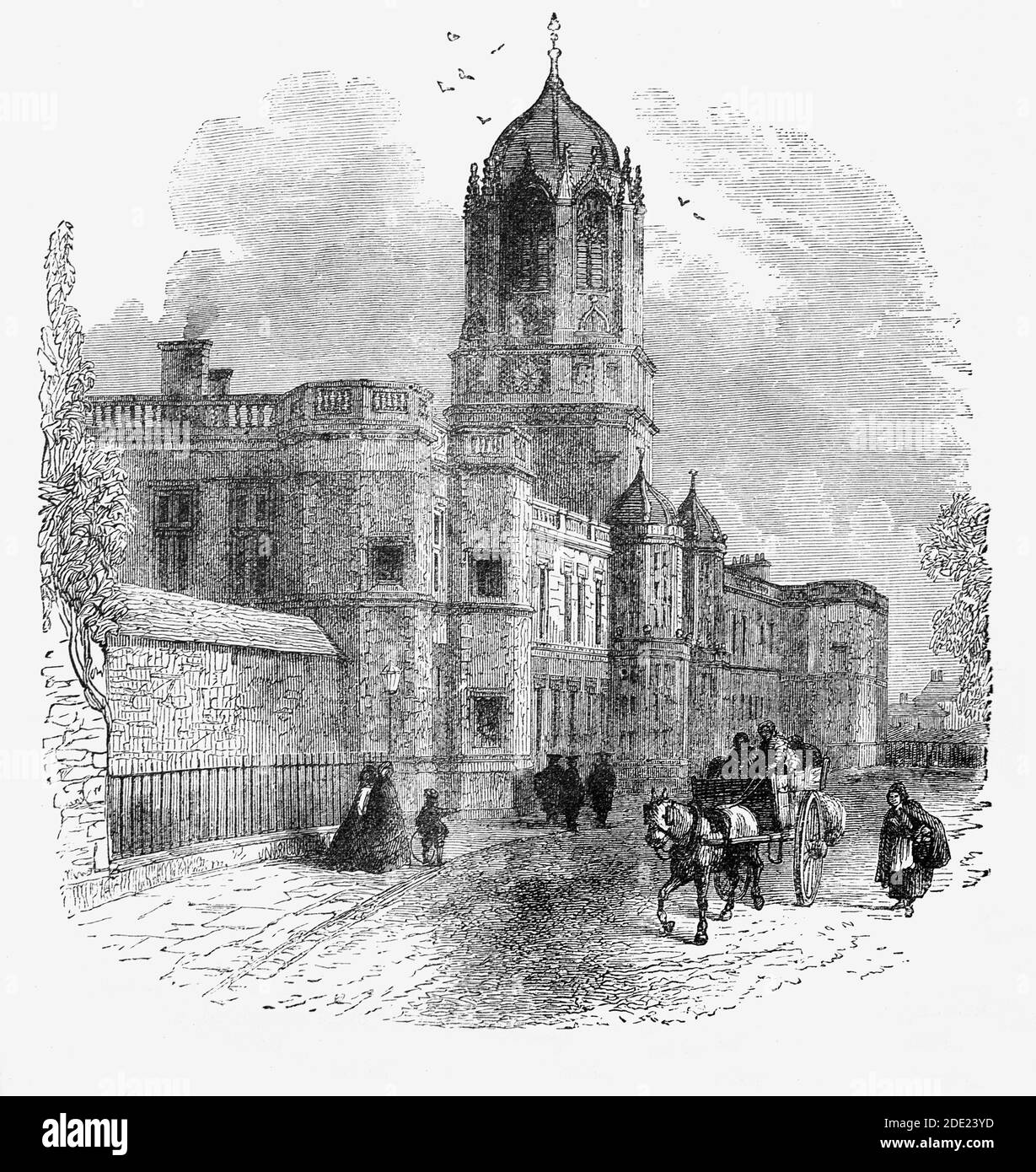A 19th Century view of Christ Church college, the University of Oxford in England. Founded in 1546 by King Henry VIII, it is one of the larger colleges of the University and is also the wealthiest colleges. Christ Church has a number of architecturally significant buildings including Tom Tower (designed by Sir Christopher Wren), Tom Quad (the largest quadrangle in Oxford), and the Great Dining Hall which was also the seat of the parliament assembled by King Charles I during the English Civil War. Stock Photo