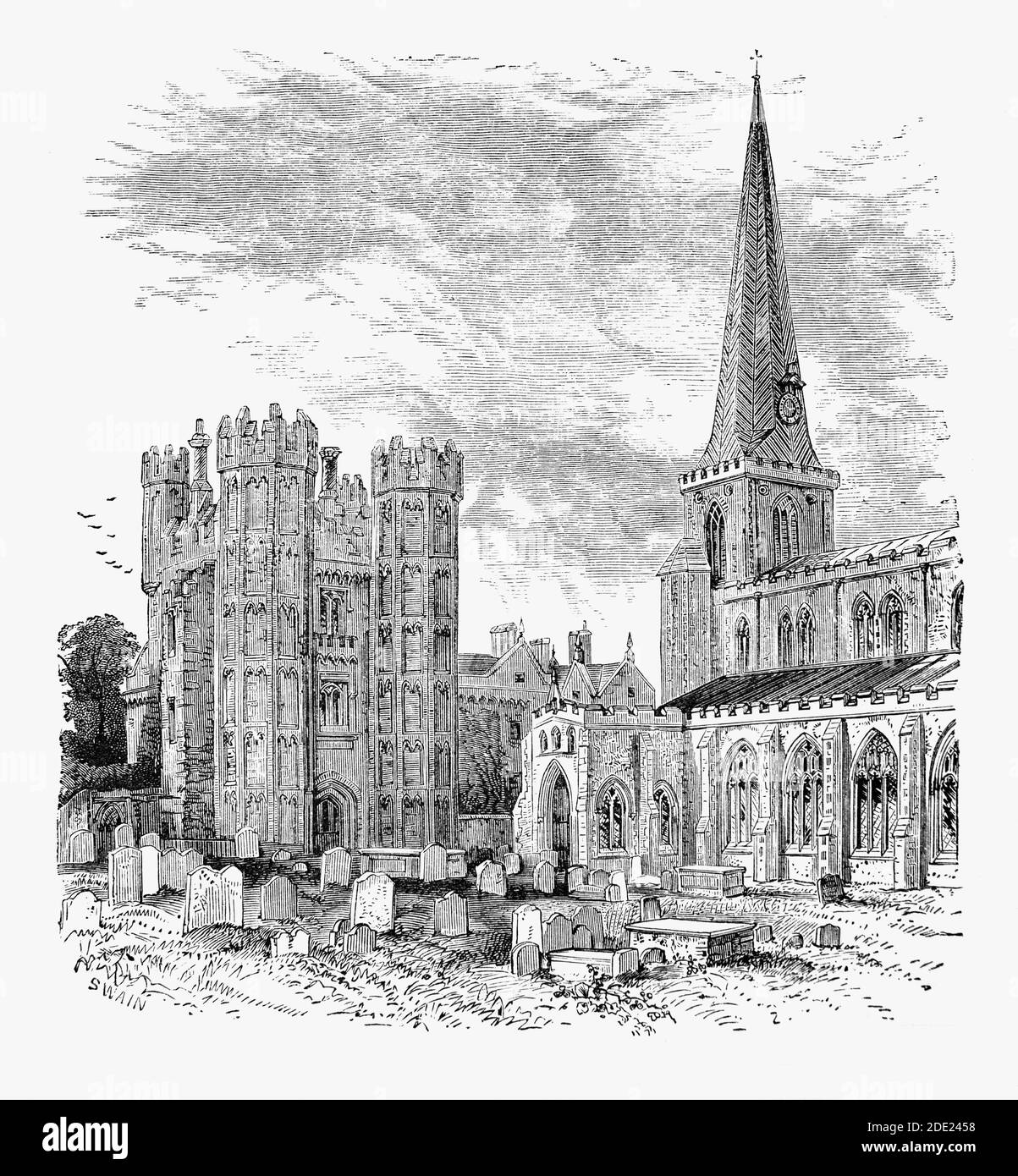 A 19th Century view of St Mary’s Anglican church in Hadleigh, Suffolk. The church has a 14th century tower and aisles, but was reworked in the 15th century, and extensively restored in the 19th and 20th Centuries. Rowland Taylor (1510–55) was rector, until 1553 when he was arrested just six days after the new queen, Mary I, ascended the throne. Aside from the fact that Taylor had supported Lady Jane Grey, Mary's rival, he was also charged with heresy for denouncing the Roman Catholic practice of clerical celibacy. He was burnt at the stake at nearby Aldham Common. Stock Photo