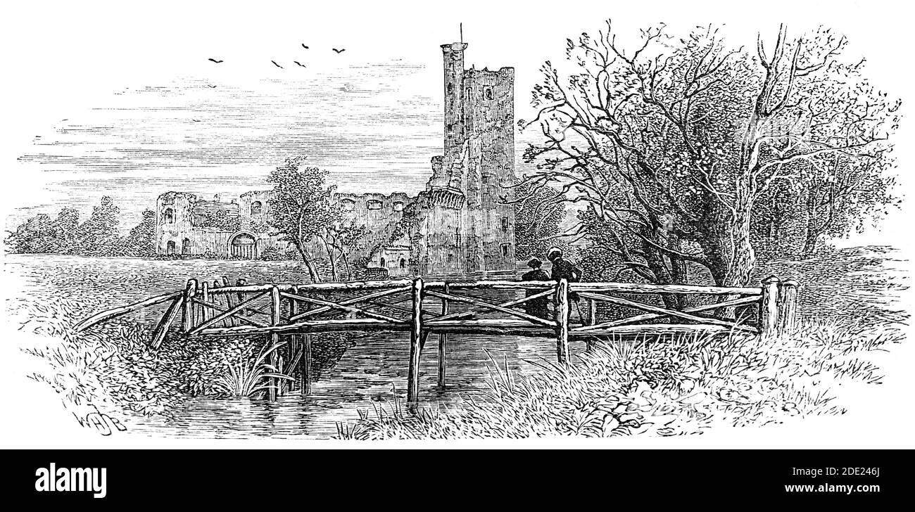 A 19th Century view of  Caister Castle, a 15th-century moated castle situated in the parish of West Caister, a little north of Great Yarmouth in the English county of Norfolk. The castle was built between 1432 and 1446 by Sir John Fastolf, who (along with Sir John Oldcastle) was an inspiration for William Shakespeare's Falstaff. The castle suffered severe damage in 1469 when it was besieged and captured by the Duke of Norfolk and apart from the tower, fell into ruin around 1600. Stock Photo