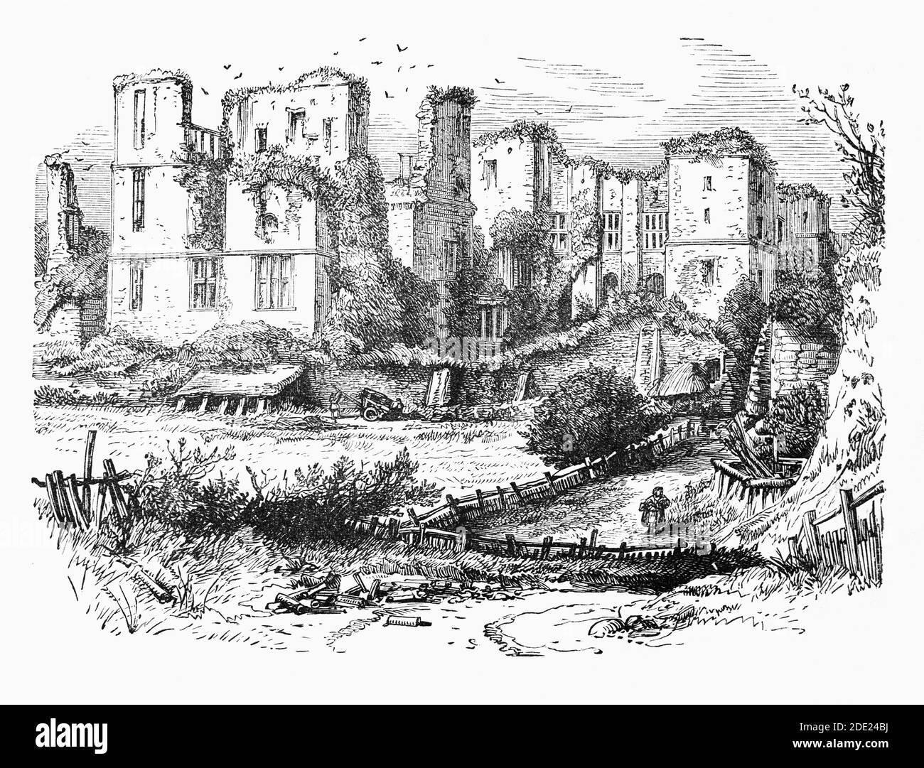 A 19th Century view of Kenilworth Castle in Warwickshire, England. Built over several centuries, it was founded in the 1120s around a powerful Norman great tower, then significantly enlarged by King John at the beginning of the 13th century. In the late 14th century, John of Gaunt turned the medieval castle into a palace fortress, then the Earl of Leicester then expanded the castle in the 16th century, constructing new Tudor buildings and exploiting the medieval heritage of Kenilworth to produce a fashionable Renaissance palace. Stock Photo