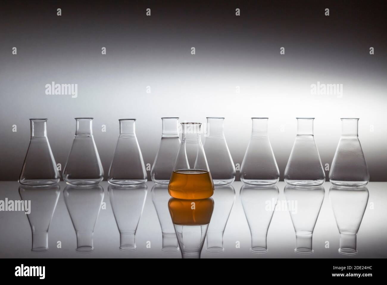 Scientific laboratory glass erlenmeyer flask filled with orange liquid ...