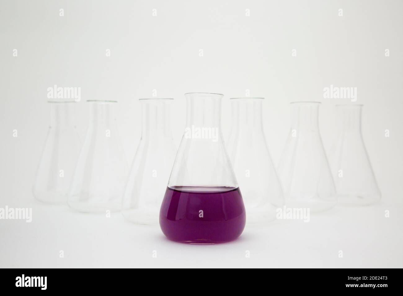 Scientific laboratory glass erlenmeyer flask filled with purple liquid