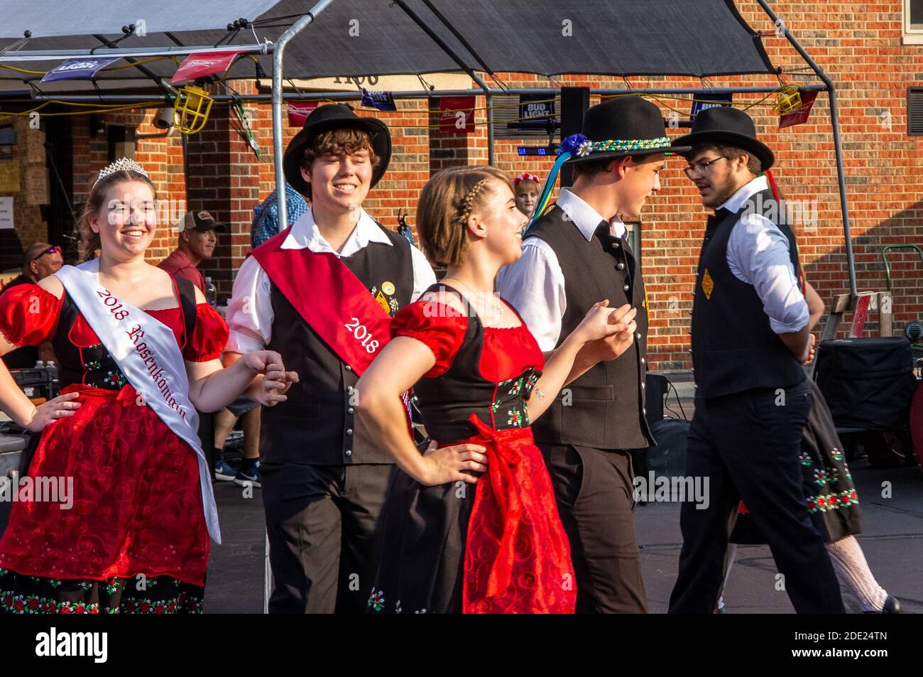 Belleville IL--Aug 26, 2018; teenagers dressed in traditional German clothes performing folk dances at community event Stock Photo