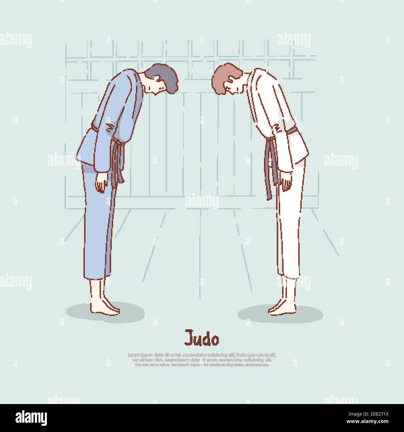 Judo school, fighters bow down, sparring start or end, self defence
